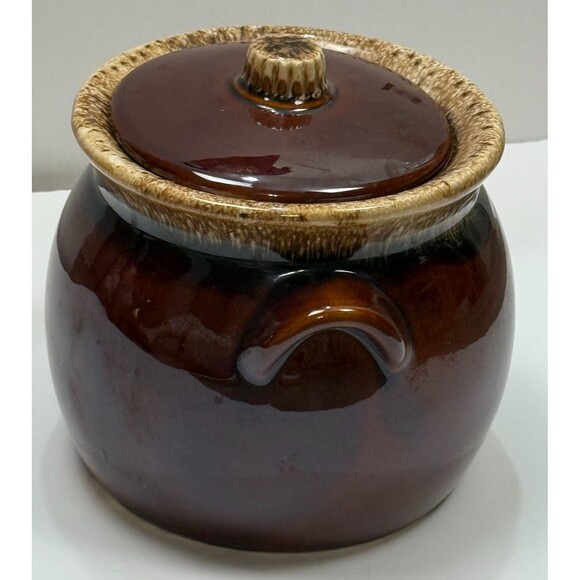 Hull Pottery Vintage Drip Brown Bean Pot Lid Oven Proof Crock USA Made Glaze Jar - Picture 3 of 16